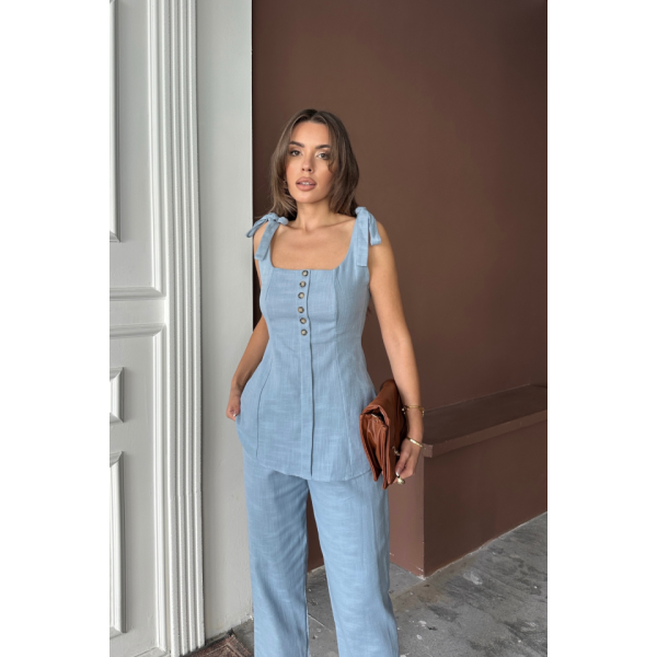 ŞANTUK KETEN YELEK GÖRÜNÜMLÜASKILI BLUZ - PANTOLON TK - Mavi