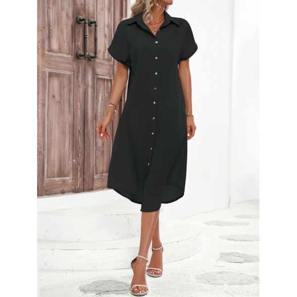 Kadın Kısa Kollu Yakalı Düğme Detay Midi Dokuma Elbise