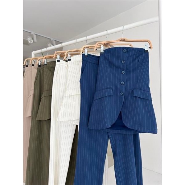 Straplez Büstiyerli Plazzo Pantolonlu Çizgili Takım 10151