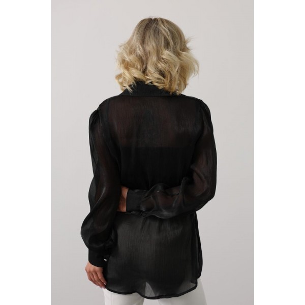 Belden Bağlamalı Uzun Kol Gömlek - Siyah