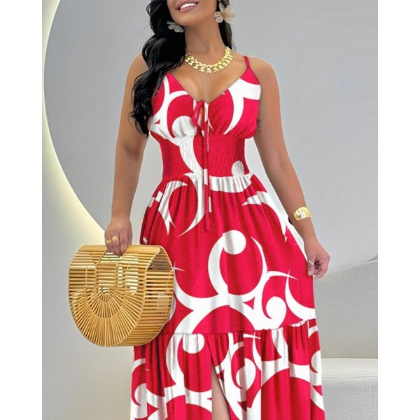 Kadın Ip Askılı Dekolteli Bağcıklı Yırtmaçlı Desenli Süprem Elbise