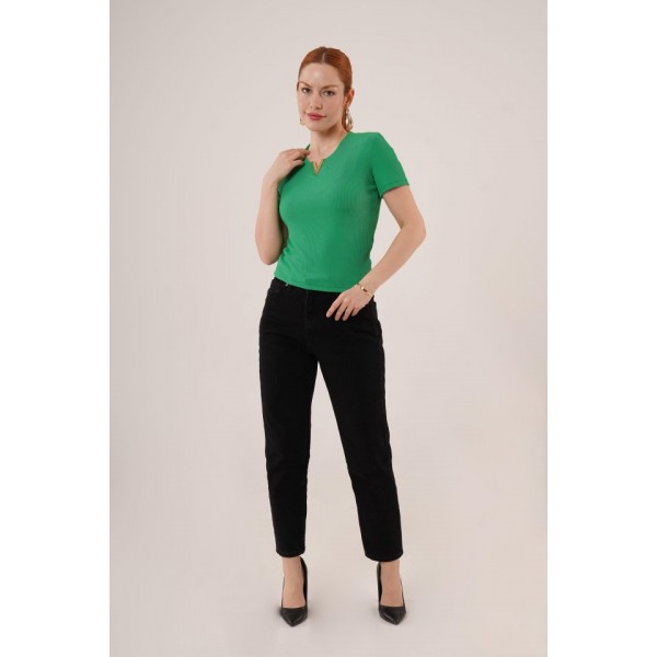 Kısa Kollu Yaka Detaylı Kaşkorse Yeşil Bluz