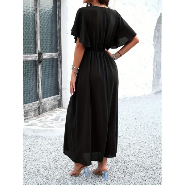 Kadın Kısa Kollu V Yakalı Beli Lastikli Uzun Viskon Elbise