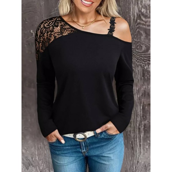 Kadın Tek Omuzu Açık Askılı Dantelli Viskon Bluz