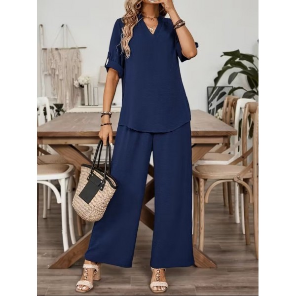 Kadın Kısa Kollu V Yakalı Aerobin Bluz Ve Pantolon Ikili Takım