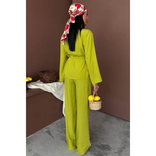 Kruvaze Model Klasik Pantolonlu Çupra Keten Takım 10191