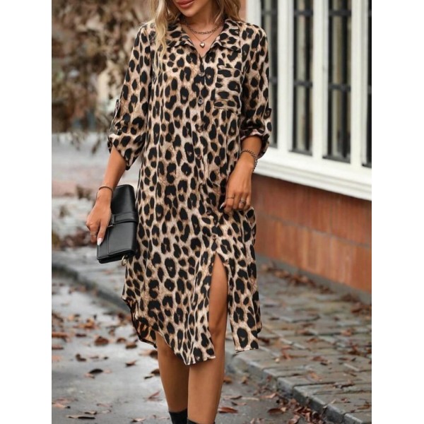 Kadın Leopar Desenli Cep Detay Kolu Manşetli Moskrep Gömlek Elbise