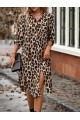 Kadın Leopar Desenli Cep Detay Kolu Manşetli Moskrep Gömlek Elbise