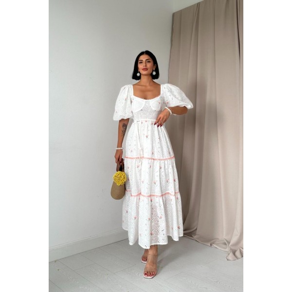 Pudra Dantel Detaylı Brode Elbise