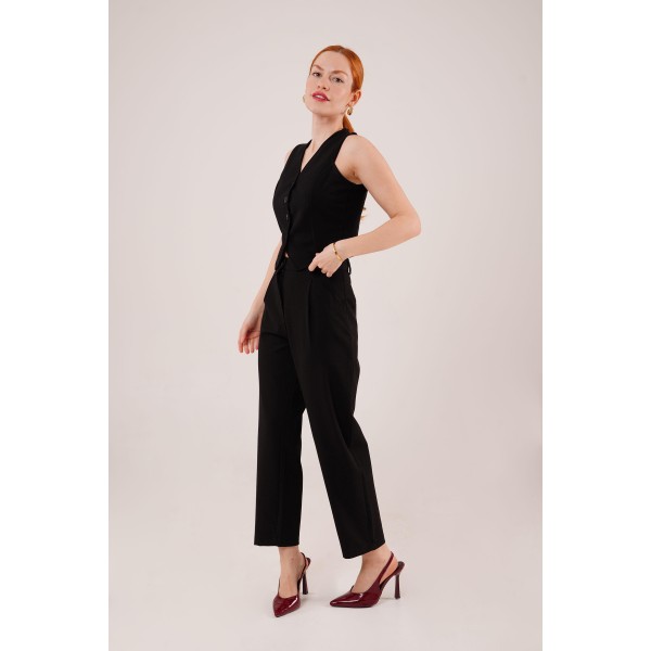 Önü Düğmeli Siyah Yelek