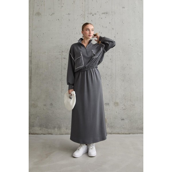 Füme Biyeli Sweatshirt Ve Etek Takım