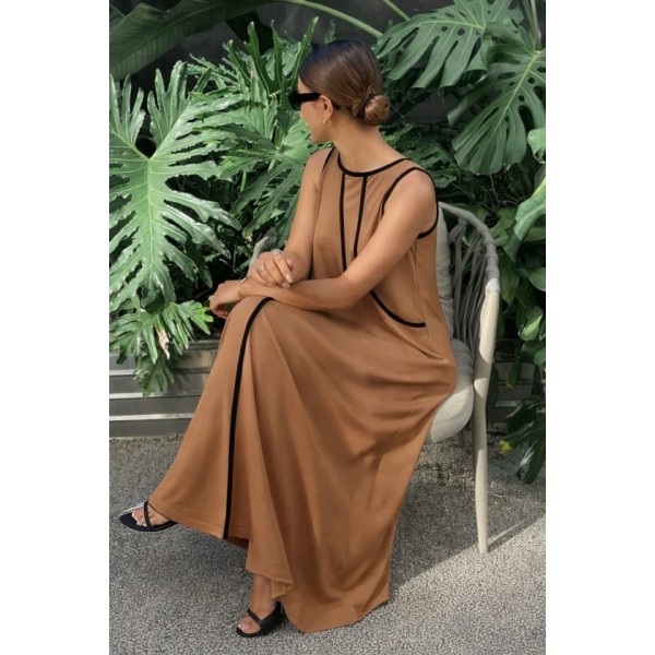 Kadın Omuzlardan Açık Yaka Ince şerit Detaylı Uzun Viskon Elbise