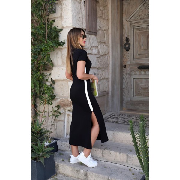 Kadın Kısa Kollu V Yakalı Yandan şerit Ve Yırtmaçlı Viskon Uzun Elbise