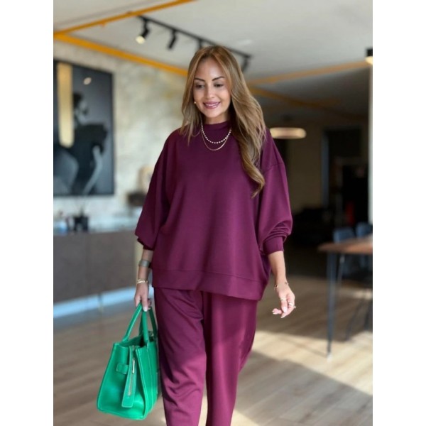 Kadın Uzun Kollu Bisiklet Yaka Viskon Iki Iplik Mor Bluz Ve Pantolon Ikili Takım
