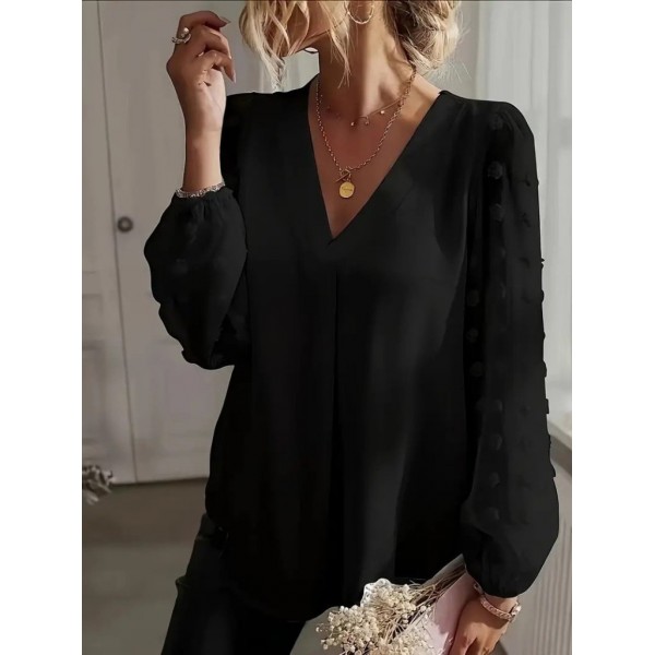 Kadın Uzun Kollu V Yakalı Kolları Popon Detaylı Sandy Bluz