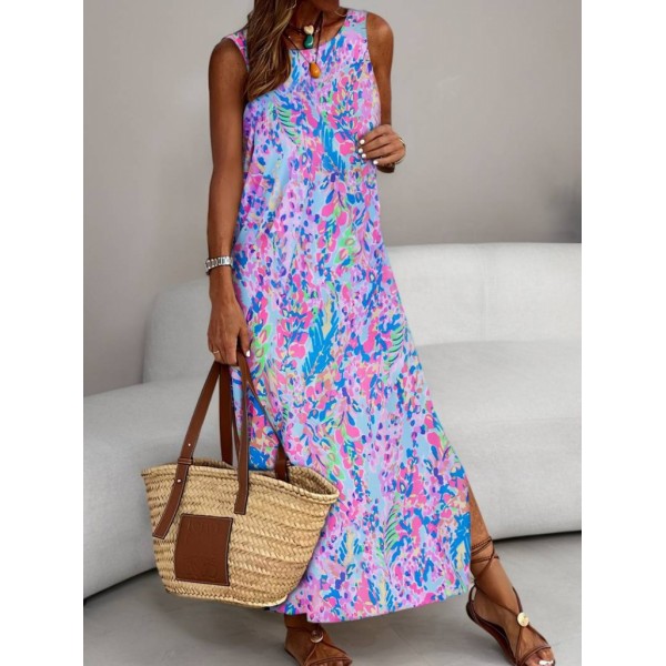 Kadın Askılı Yuvarlak Yaka Yandan Yırtmaçlı Uzun Süprem Elbise