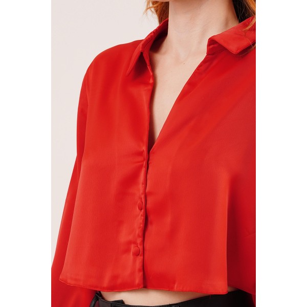 Saten Crop Model Kırmızı Gömlek