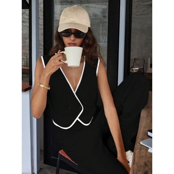 Kadın Kolsuz V Yakalı Düğmeli Ithal Krep Yelek Ve Pantolon Ikili Takım