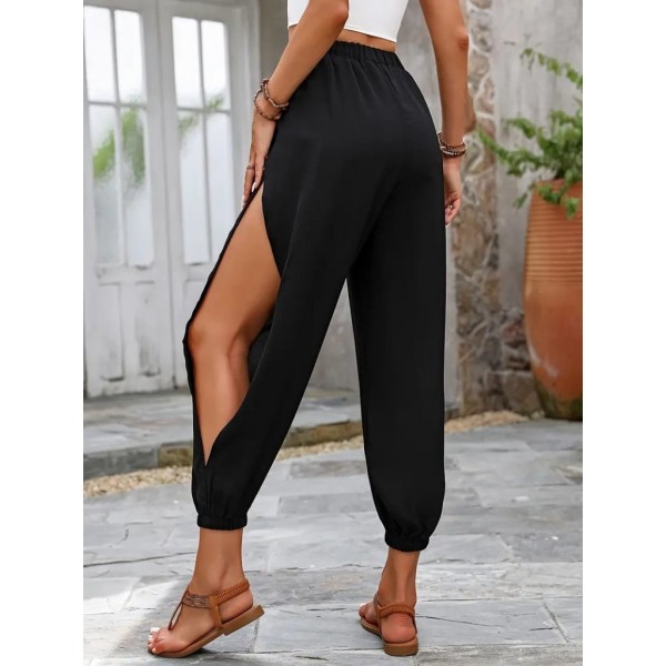 Kadın Yüksek Belli Yanlardan çapraz Detay Yırtmaçlı Viskon Pantolon