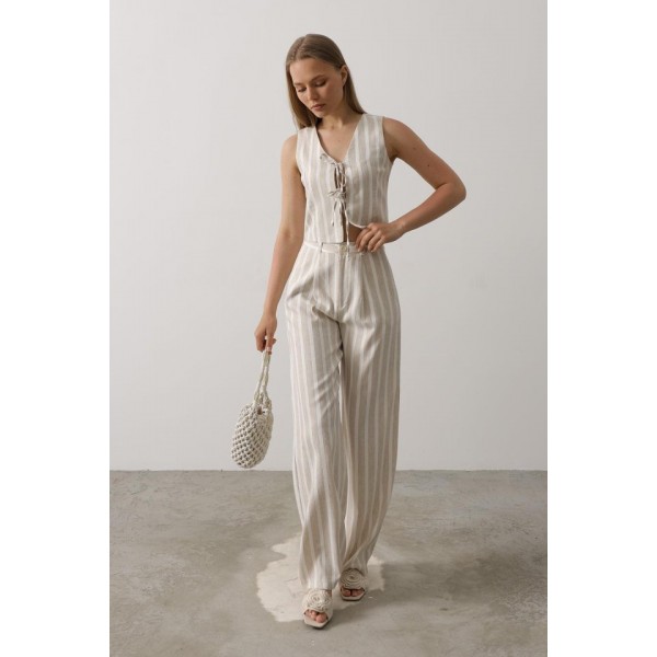 Çizgili Yelek Takım - Beyaz-Taş