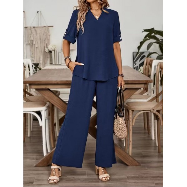 Kadın Kısa Kollu V Yakalı Aerobin Bluz Ve Pantolon Ikili Takım