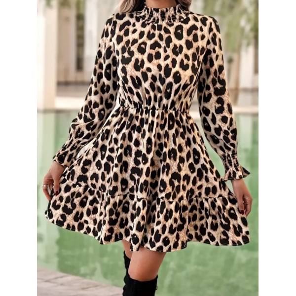 Kadın Uzun Kollu Yarı Balıkçı Yaka Leopar Desenli Modal Mini Elbise