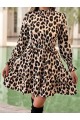 Kadın Uzun Kollu Yarı Balıkçı Yaka Leopar Desenli Modal Mini Elbise