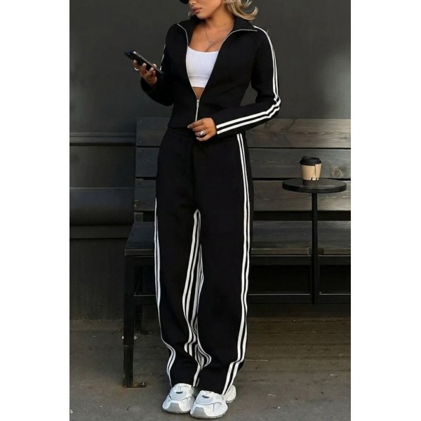 Kadın Uzun Kollu önden Fermuarlı Kısa Viskon Iki Iplik Bluz Ve Pantolon Ikili Takım