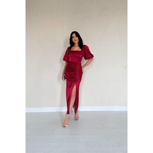 Bordo Büzgülü Saten Elbise