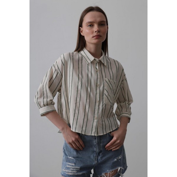Çizgili Kısa Gömlek - Bej-Yeşil