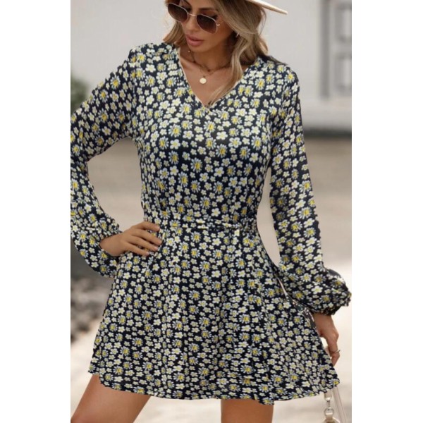 Kadın Uzun Kollu V Yaka çiçek Desenli Helen Kumaş Elbise