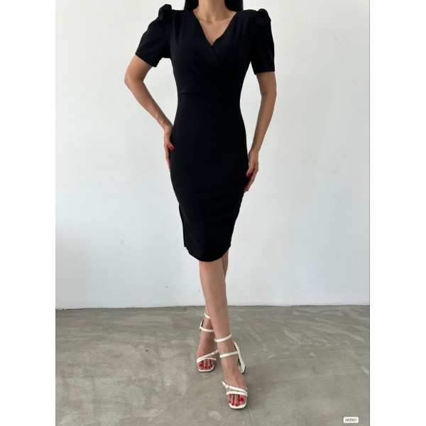 Kadın Kruvaze Yaka Yandan Yırtmaç Detaylı Scuba Krep Kumaş Midi Boy Elbise