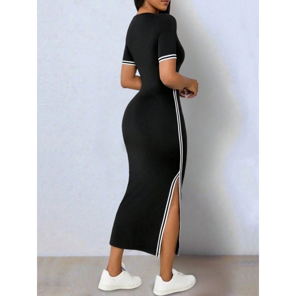 Kadın Kısa Kollu V Yakalı Yandan Yırtmaçlı Viskon Iki Iplik Elbise