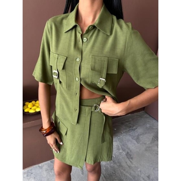 Gömlek Şort Etek Viscon Keten Takım 10162