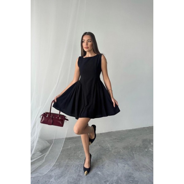 Siyah Mini Boy Büzgülü Keten Elbise