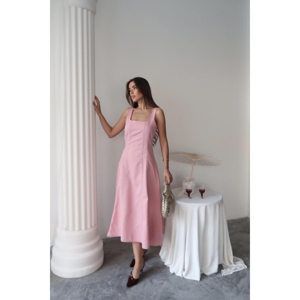 Pembe Çift Dikişli Gabardin Elbise