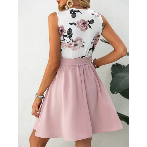 Kadın Sıfır Kollu V Yakalı çiçek Baskılı Beli Kuşaklı Dalgıç Elbise