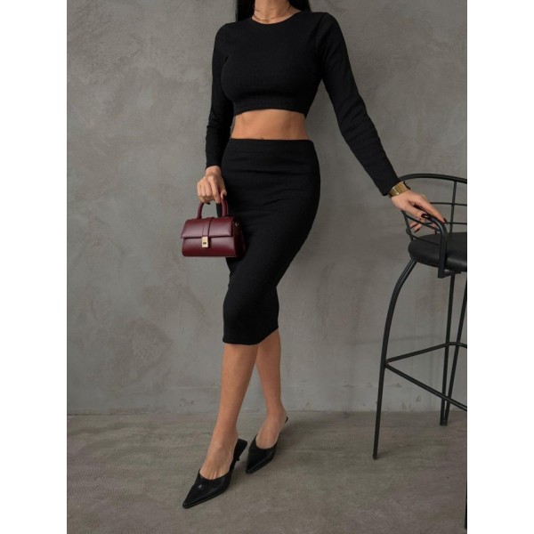 Kadın Uzun Kollu Bisiklet Yaka Crop Ve Midi Boy Kaşkorse Kumaş Etek Ikili Takım