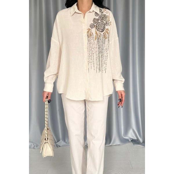 Krem Pulpayet Nakışlı Bedensiz Gömlek