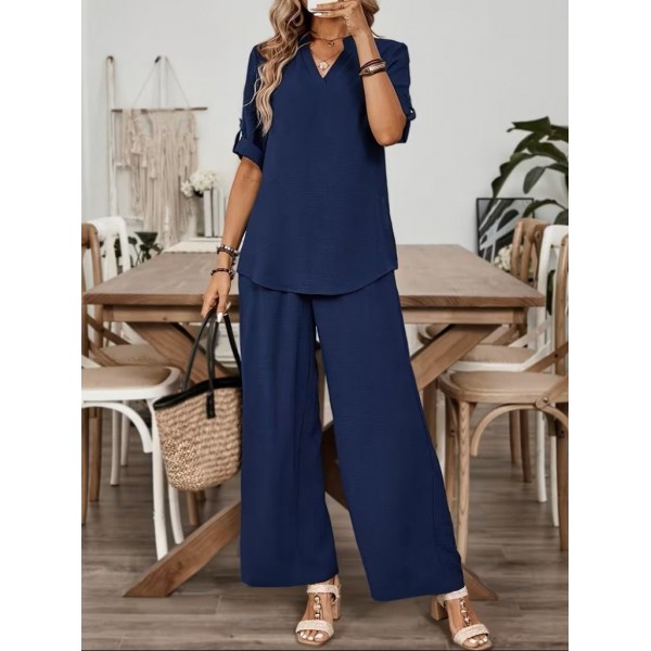 Kadın Kısa Kollu V Yakalı Aerobin Bluz Ve Pantolon Ikili Takım