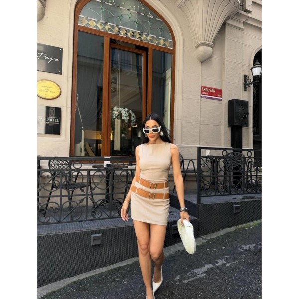 POLYVİSCON ÇİFT KEMER DETAYLI ELBİSE - Bej