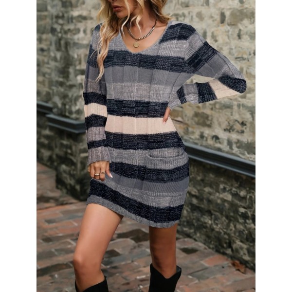 Kadın Uzun Kollu V Yakalı çizgili çok Renkli Triko Mini Elbise