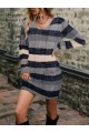 Kadın Uzun Kollu V Yakalı çizgili çok Renkli Triko Mini Elbise