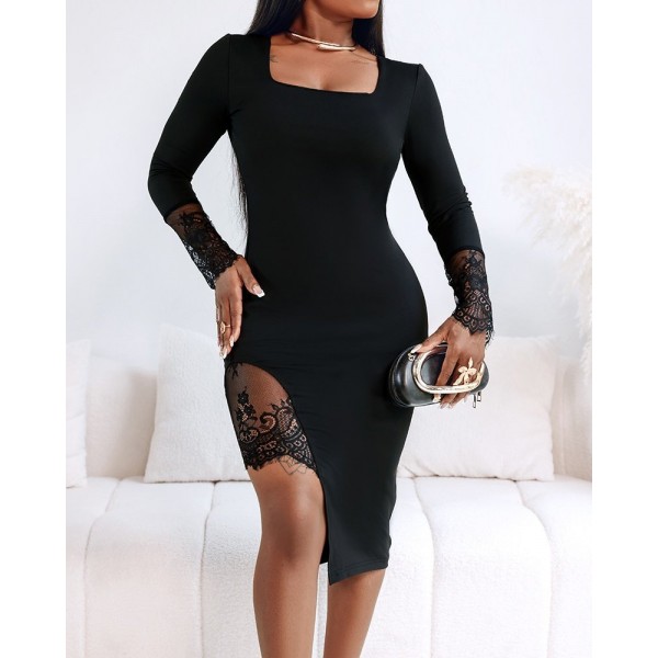 Kadın Uzun Kollu Geometrik Yakalı Dantel Detaylı Midi Ithal Krep Elbise