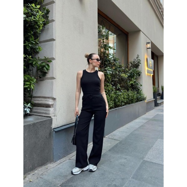 Kadın Kaşkorse Kumaş Atlet Ve Yüksek Bel Bol Paça Pantolon Ikili Takım