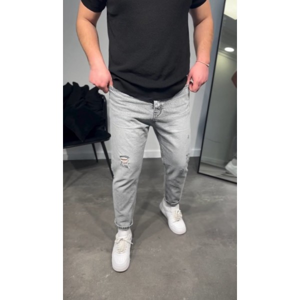 Erkek Gri Yırtık Detaylı Boyfriend Jean