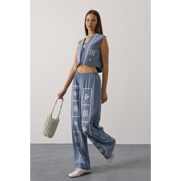 Baskılı Önü Bağlamalı Yelekli Takım - İndigo