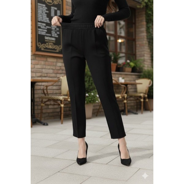 Kadın Uzun Kollu Dalıç Kumaş Cep Detay Beli Lastikli ütüsüz Pantolon