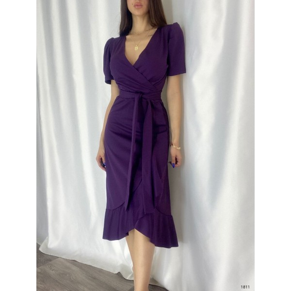 Kadın Kruvaze Yaka Midi Boy Kuşaklı Krep Elbise 120 Cm