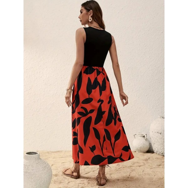 Kadın Askılı Yuvarlak Yaka üst Viskon Alt Desenli Uzun Süprem Elbise